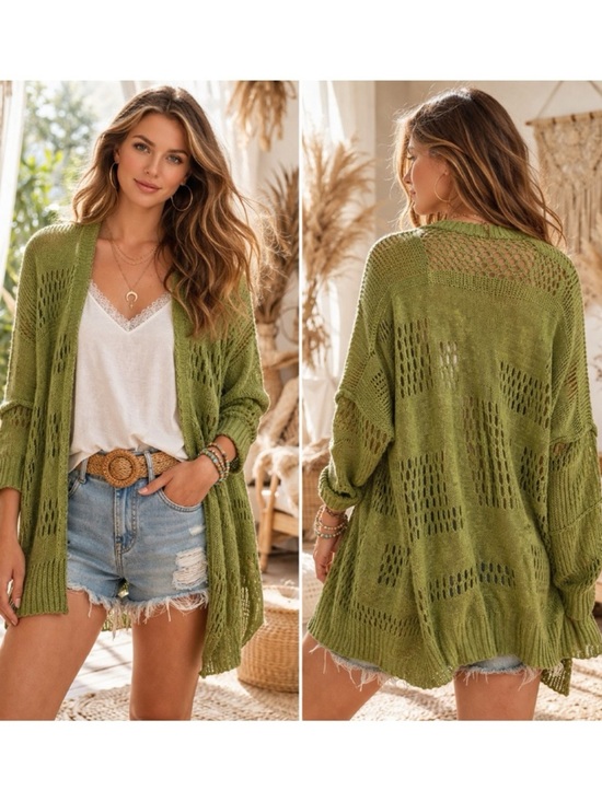 Tops - Green Open-Knit Cardigan – Lightweight & Boho Chic
